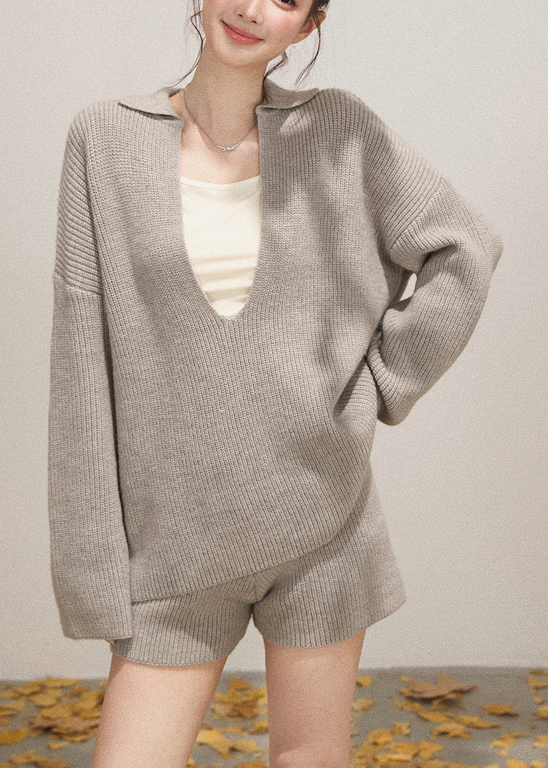 Light Grey Knit Cozy Two Pieces Set Deep-v Neck Fall