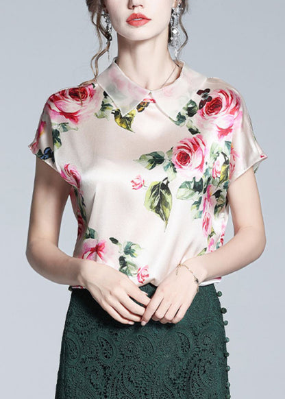 Italian Pink Peter Pan Collar Print Silk Tops Short Sleeve Summer