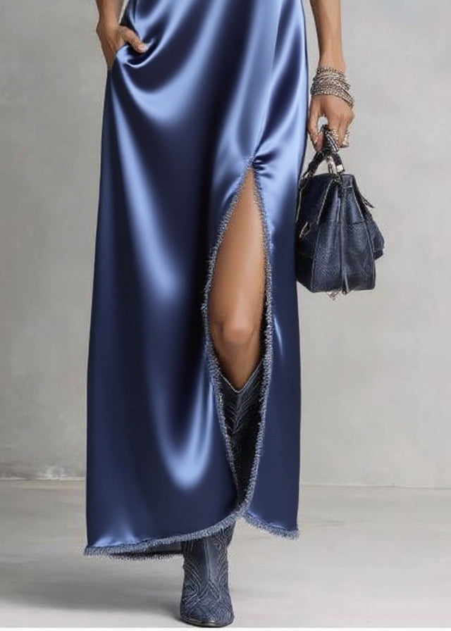 Sea Blue V Neck Side Open Silk Maxi Dresses Sleeveless