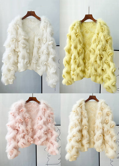 Yellow Patchwork Mink Hair Knitted Coats Lantern Sleeve