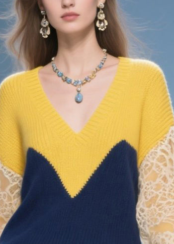 Colorblock V Neck Patchwork Lace Knit Pullover Winter