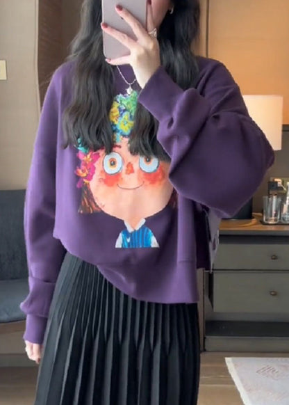 Handmade White O-neck Cartoon Print Pullover Fall