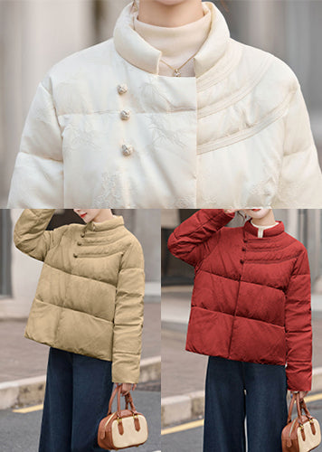 Khaki Stand Collar Chinese Button Duck Down Puffer Coat Winter