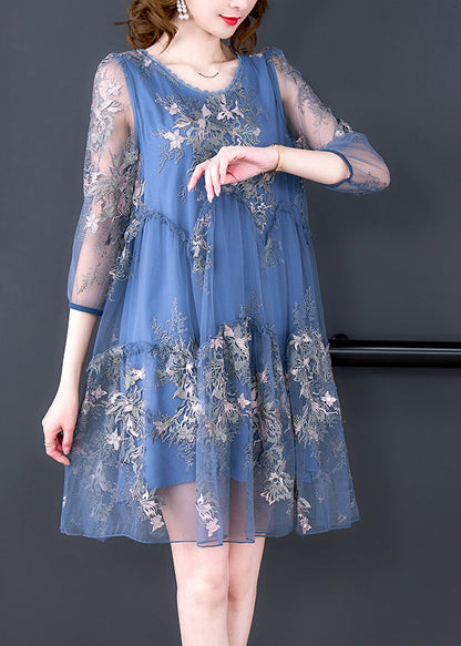 Blue O-neck Print Patchwork Tulle Vacation Dresses Half Sleeve