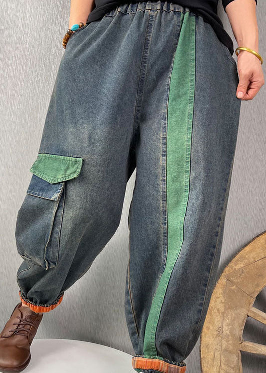 French Blue Patchwork Denim Pants Spring