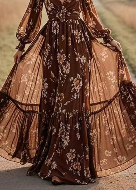 Loose Chocolate Patchwork Tunic Chiffon Long Dresses Lantern Sleeve Spring