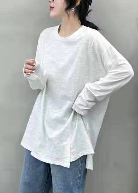 Style White O-neck Asymmetrical Design Cotton Top Long Sleeve