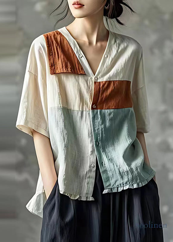 Apricot V Neck Patchwork Linen Shirt Top Summer
