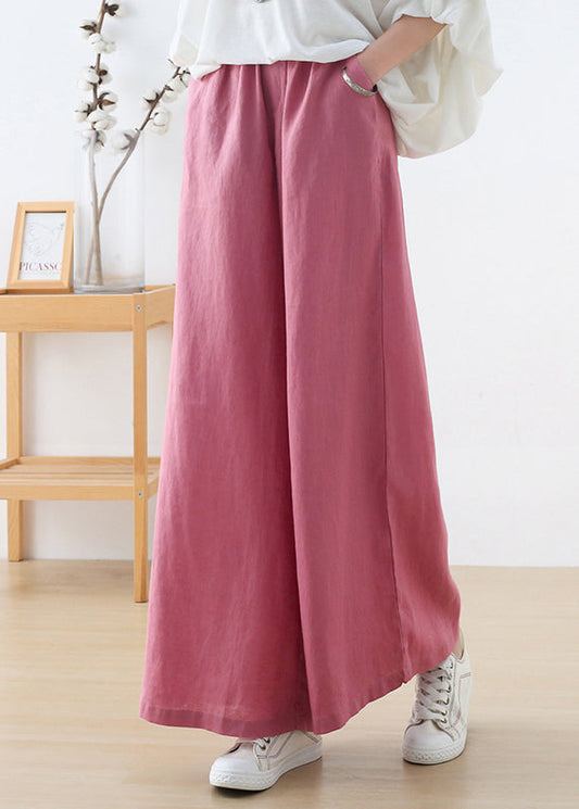 Pink Elastic Waist Pockets Linen Wide Leg Pants Fall