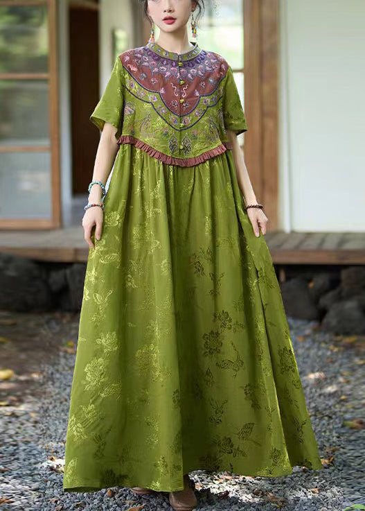 Green Stand Collar Ruffled Embroidered Silk Dresses Summer