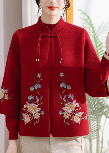 Red Embroidered Cotton Knit Cardigans and Sweater Two Pieces Set Fall
