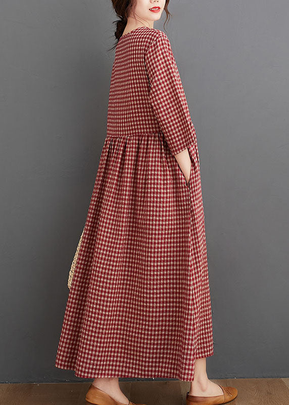 Red Oriental O-neck Plaid Linen Long Dresses Three Quarter Sleeve