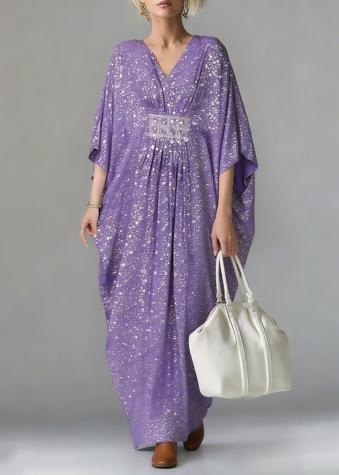 Purple Sequins Tunic Holiday Long Dress Batwing Sleeve