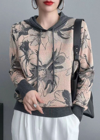 Orange Hooded Patchwork Cozy Knit Sweaters Long Sleeve