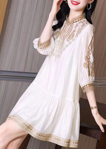 White Stand Collar Lace Patchwork Silk Maxi Dress Spring