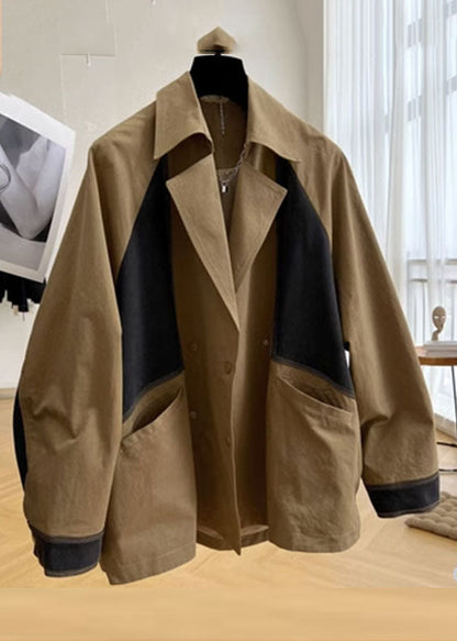 Khaki Notched Pockets Patchwork Button Coat Long Sleeve Spring