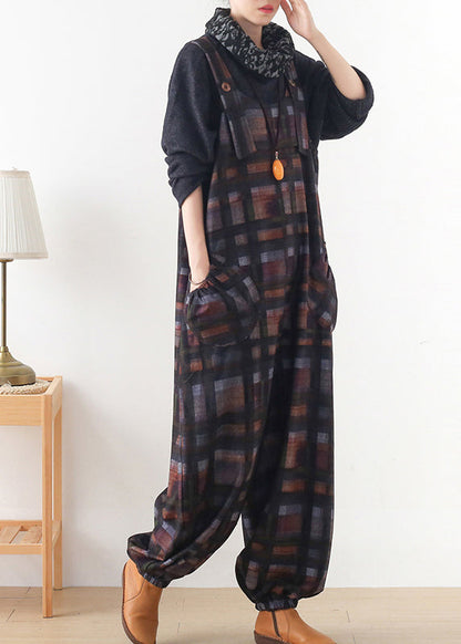 Diy Chocolate Colour Plaid Button Woolen Jumpsuit Pants Fall