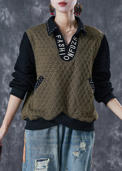 Army Green Patchwork Cotton Loose Sweatshirt Letter Embroideried Rivet Fall