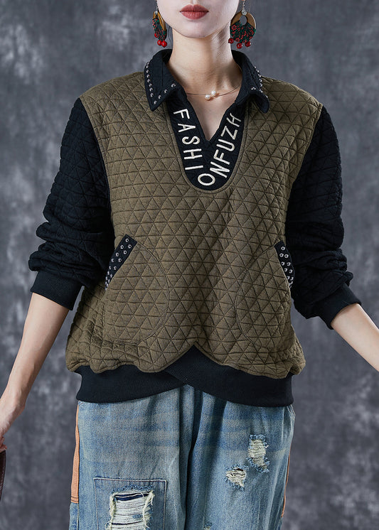 Army Green Patchwork Cotton Loose Sweatshirt Letter Embroideried Rivet Fall