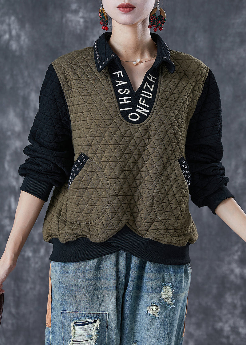 Army Green Patchwork Cotton Loose Sweatshirt Letter Embroideried Rivet Fall