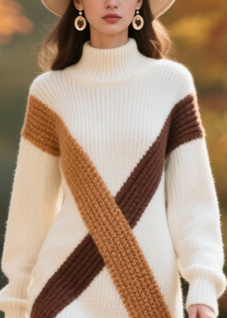 White Turtle Neck Patchwork Warm Sweater Dress Winter