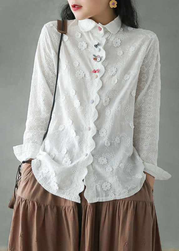 Diy White Embroideried Three-dimensional Cotton Shirt Top Long Sleeve