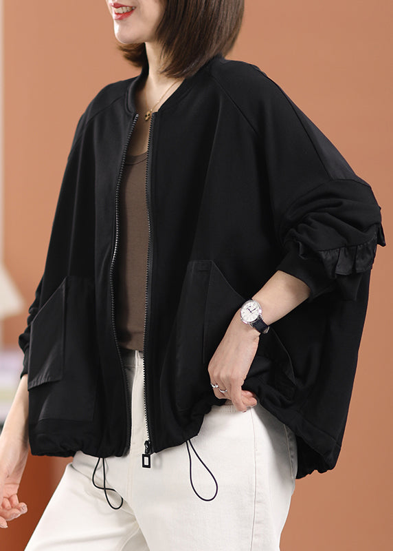 Diy Black O-neck Zippered Pockets Cotton Coats Long Sleeve