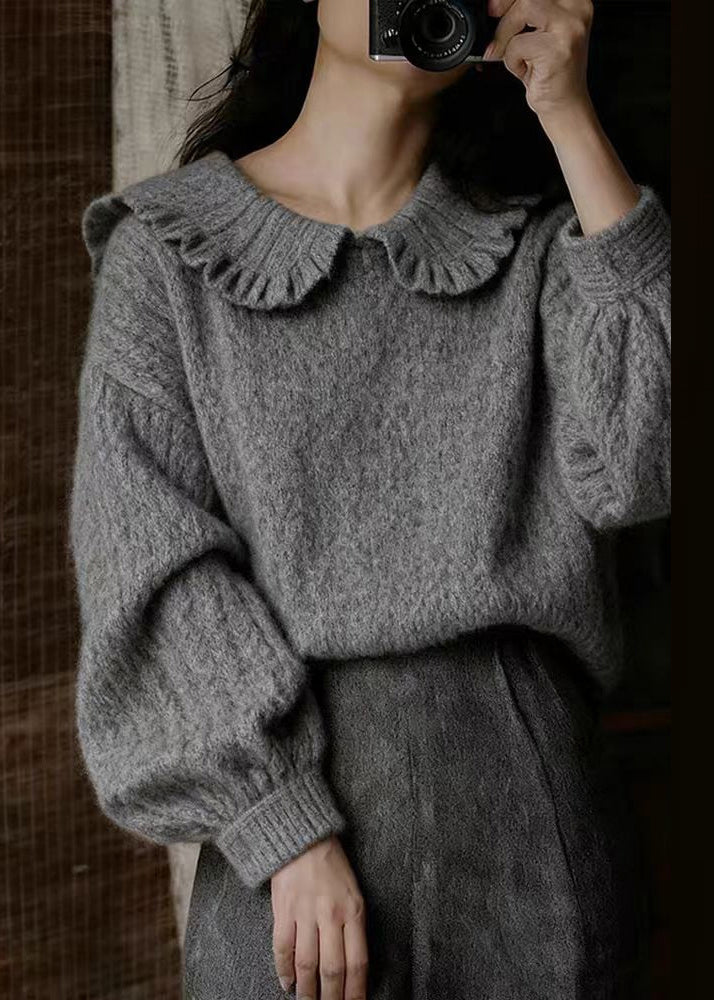 Dark Gray Peter Pan Collar Cozy Knit Sweater Winter