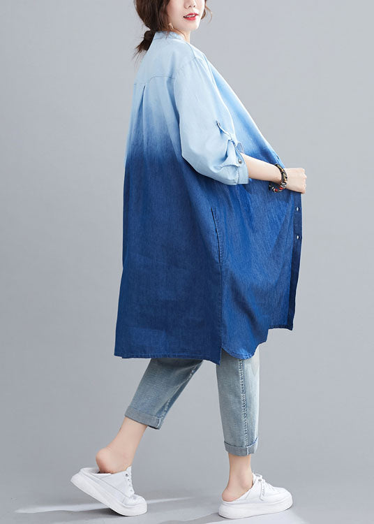 Blue Pockets Button Gradient Color Fall Denim Trench Long Sleeve