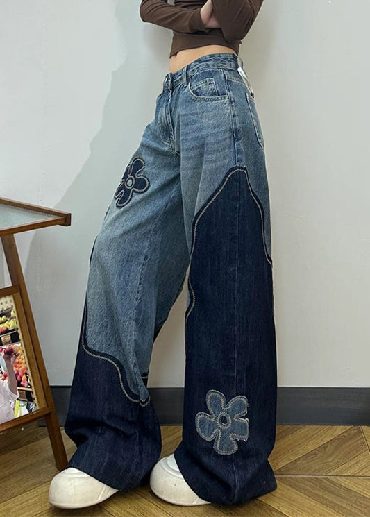 Fitted Colorblock Embroidered Denim Straight Pants Spring