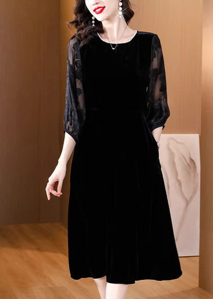 Black O-neck Embroideried Tulle Patchwork Silk Maxi Dresses Fall
