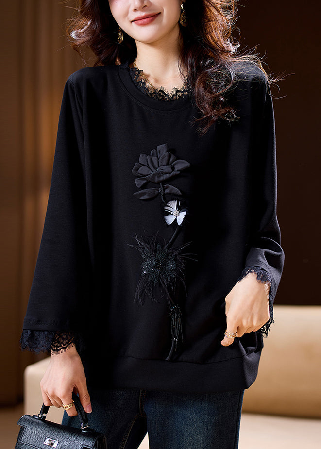 Loose Black O-neck Lace Patchwork Cotton T Shirt Spring