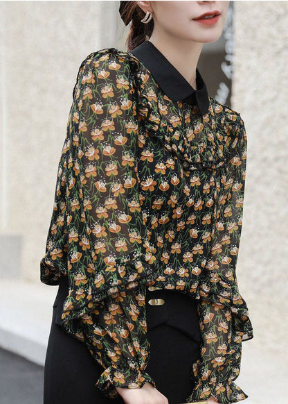 Black Peter Pan Collar Ruffles Patchwork Print Chiffon Blouses Spring