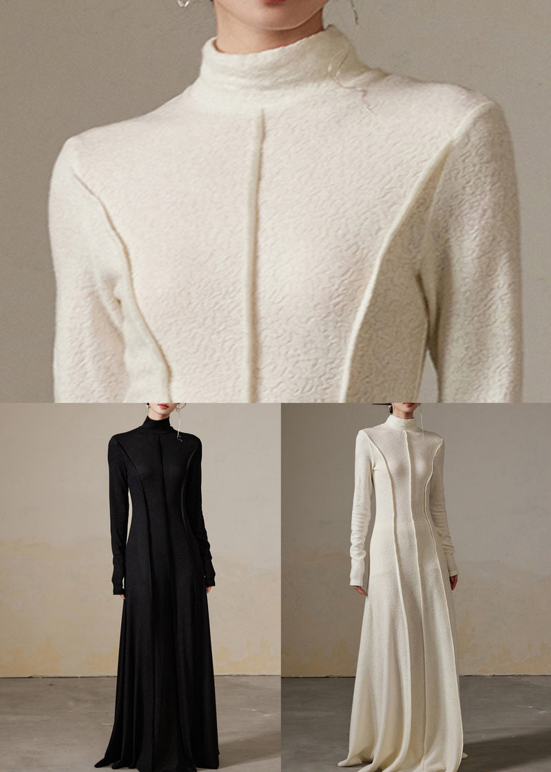 Slim Fit White Turtleneck High Waist Cotton Long Dress Winter
