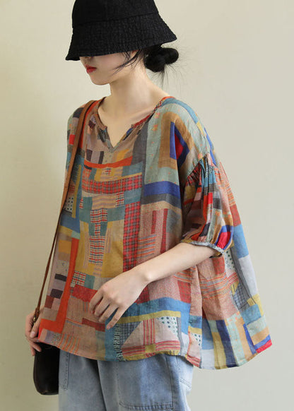 Diy Colorblock V Neck Geometric Print Linen Loose Tops Short Sleeve