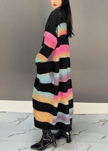 Yellow Striped Pockets Knit Long Cardigan Winter