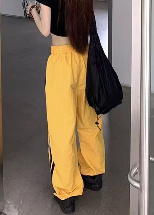 Yellow Striped Elastic Waist Cotton Pants Spring