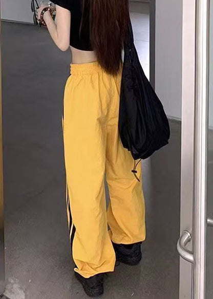 Yellow Striped Elastic Waist Cotton Pants Spring