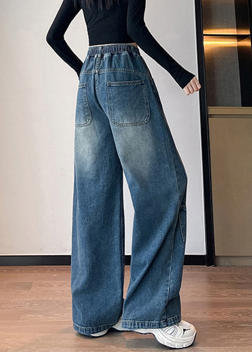Blue Letter Pockets Elastic Waist Denim Pants Fall
