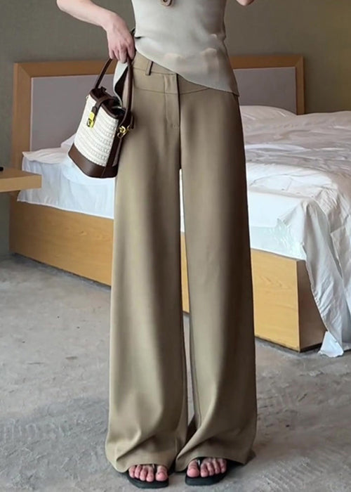French Khaki Pockets High Waist Spandex Pants Fall