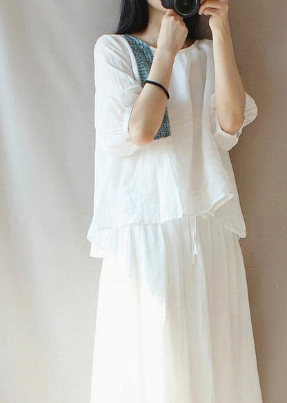 White Top Silhouette O Neck Lantern Sleeve Clothing Blouses