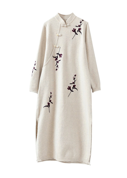 Apricot Stand Collar Embroideried Patchwork Woolen Knit Dress Fall