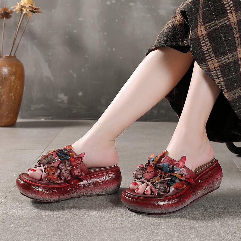Platform Red Cowhide Leather Peep Toe Slide Sandals