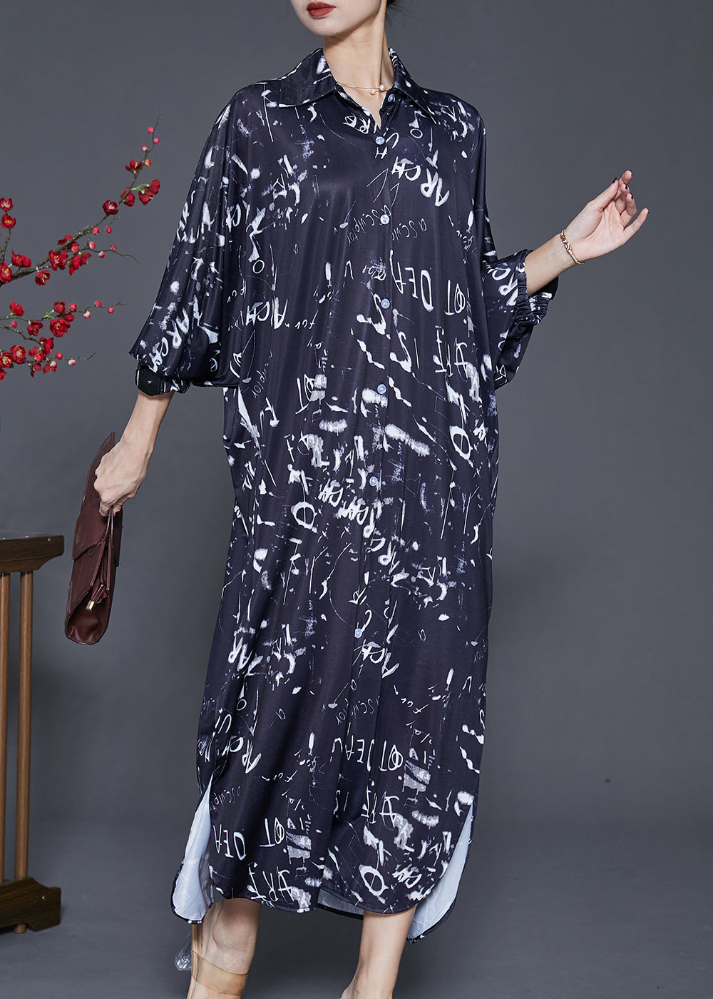 Black Print Cotton Long Dress Spring