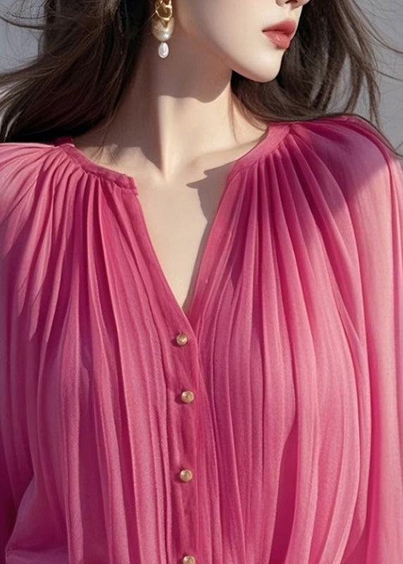Rose Wrinkled Chiffon Shirt Lantern Sleeve