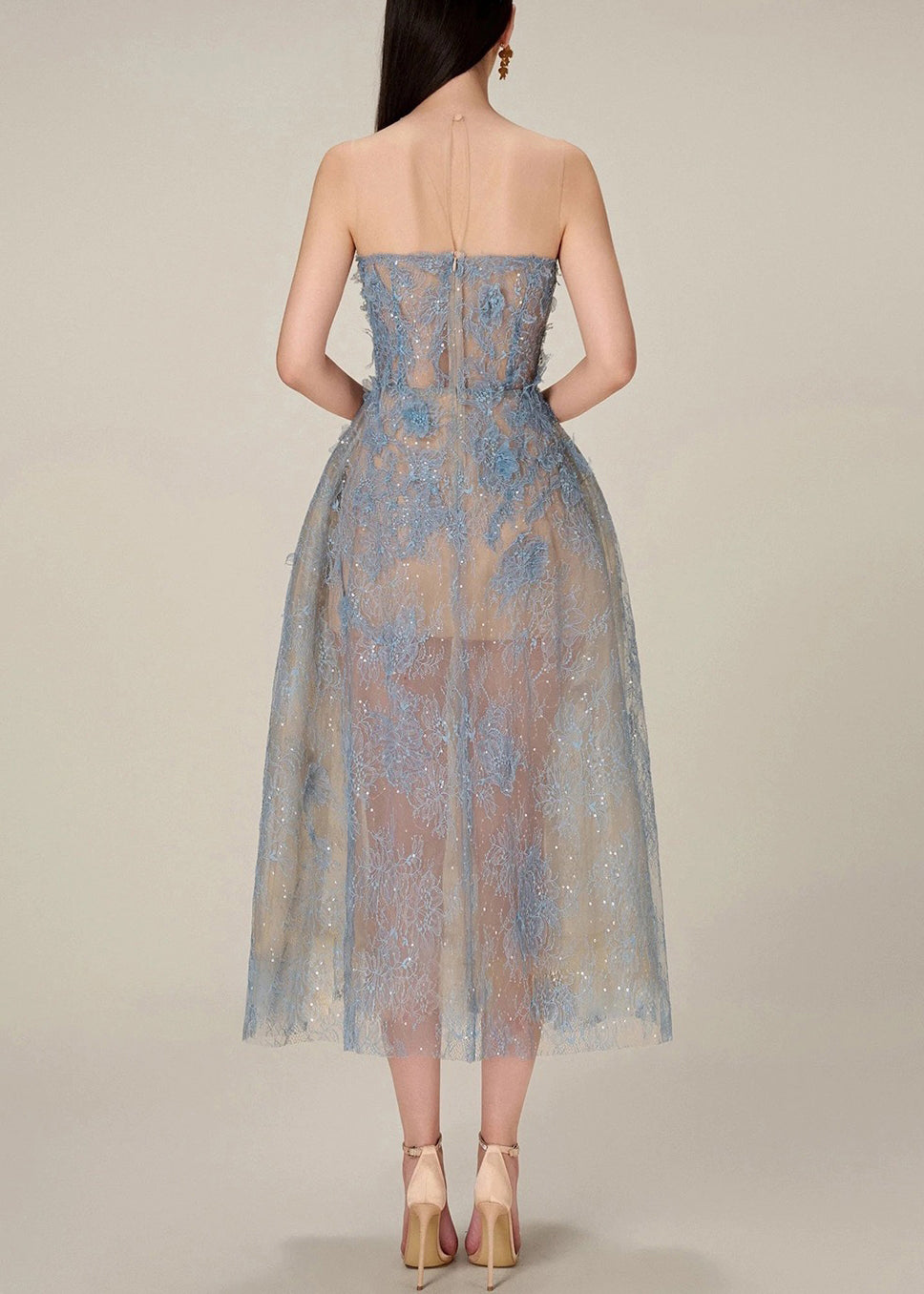French Blue Zippered Lace Sequins Tulle Long Dress Sleeveless
