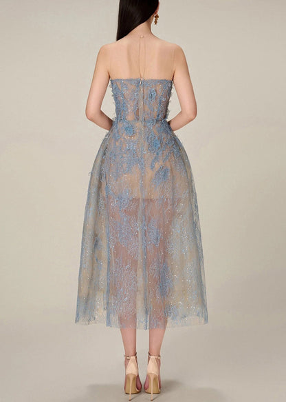 French Blue Zippered Lace Sequins Tulle Long Dress Sleeveless