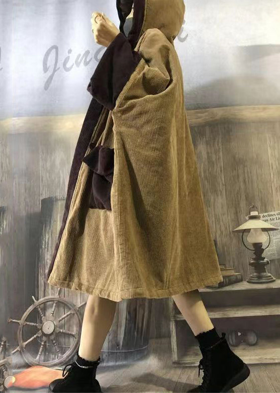 Camel Hooded Pockets Patchwork Corduroy Warm Fleece Coat Winter