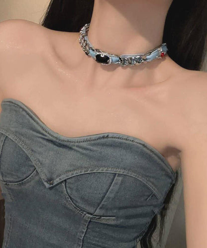 Denim Blue Metal Denim Crystal Chain Collar Necklace