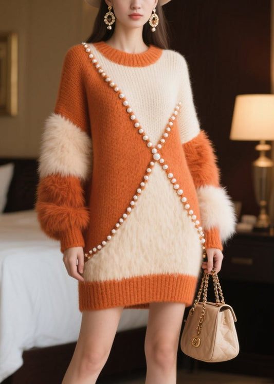 Caramel Nail Bead Patchwork Faux Fur Sweater Dress Winter